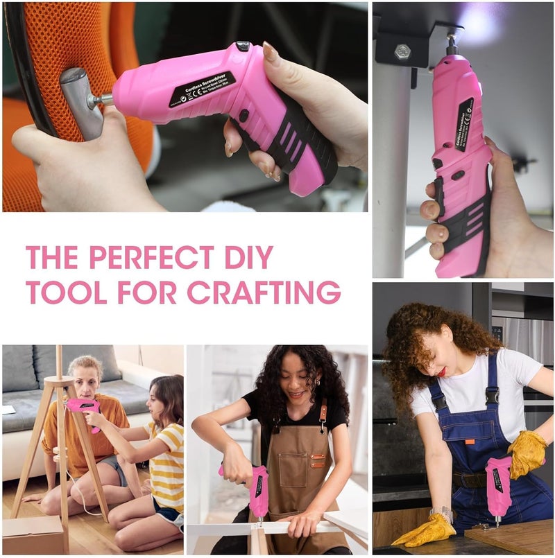 MQFORU Pink Cordless Electric Screwdriver Set, 3.7V Rechargeable Small Electric Drill with 47pcs Driver Bit Set, Power 3Nm Screw Gun with 2 Position Handle, Flexible Shaft LED Light for Women - Image 3